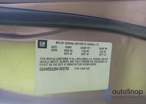 2004 Buick Century z USA, uszkodzony, nr VIN 2G4WS52J841309759